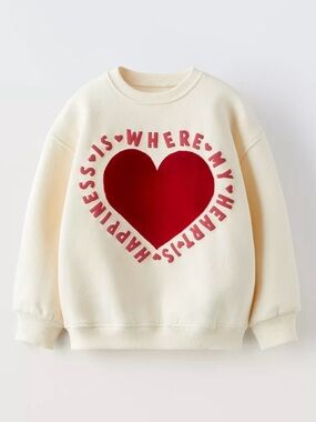 Zara Girls Flocked Heart Sweatshirt Cream Red Graphic 5-6Y Cozy Pullover
